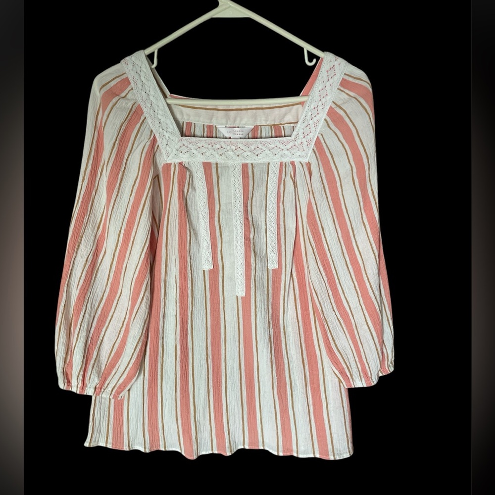 Lauren Conrad Square Neck Coral/Cream Blouse With Lace Trim Size Small